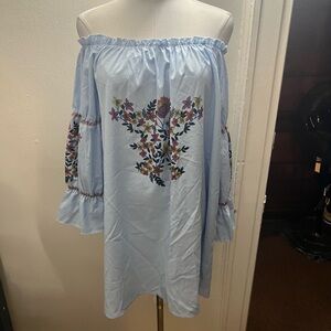 Light Blue Peasant Tunic Off Shoulder with Floral Embroidery Beach Dress size M